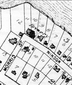 A plat map shows the location of the Mauston Brewery in relation to homes on Morris and Winsor Streets.