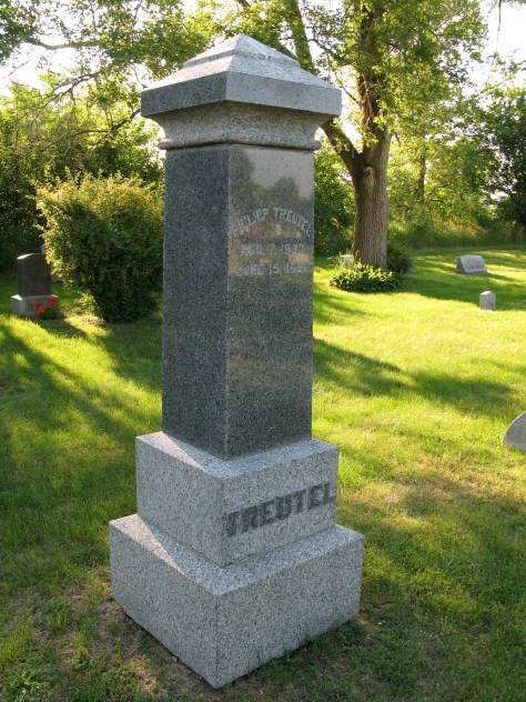 Monument of Philipp Treutel, grandfather of Ruby (Treutel) Hanneman, at North Prairie Cemetery in Waukesha County, Wis.