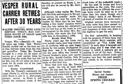 The Wisconsin Rapids Daily Tribune wrote about Walter Treutel's last day on the job in 1934.
