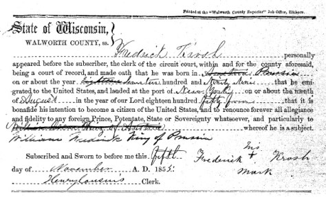 On November 5, 1855, Frederick Krosch (1799-1876) filed his declaration of intent to become a U.S. Citizen.