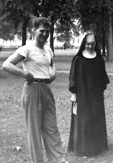 Donn G. Hanneman with Sister Emeric Weber of St. Patrick's Catholic Grade School, circa 1948.