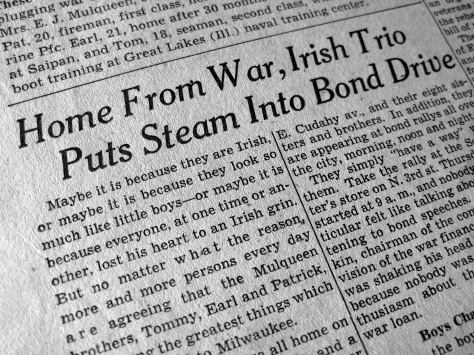 The Milwaukee Journal carried a front-page story on the Mulqueen brothers and the war bond drive in November 1944.