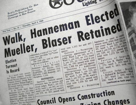 The Sun Prairie Star Countryman carried news of Hanneman's election as alderman in 1968.