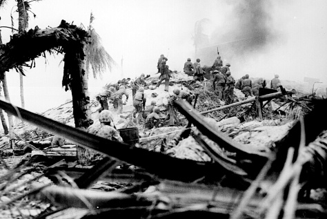 U.S. Marines storm Tarawa, Gilbert Islands, November 1943. (National Archives Photo)