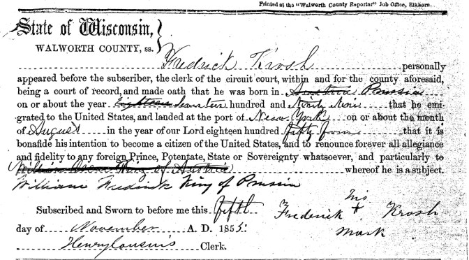 Frederick Krosch’s 1855 Declaration of Intent for Citizenship
