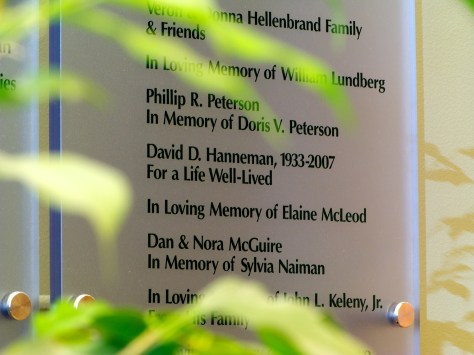 The fountain memorial wall at Agrace HospiceCare in Fitchburg, Wisconsin.