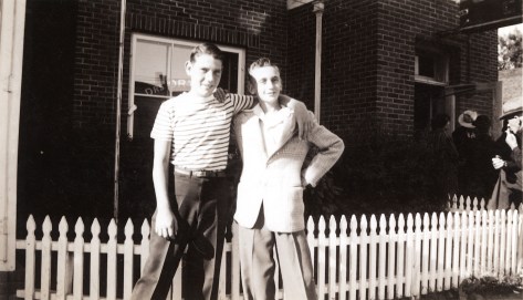 David Hanneman and Sam Kaufman outside the Ortman Clinic in Canistota, S.D., circa 1944.