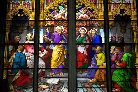 Stained glass from the Cologne Cathedral in Cologne, Germany.