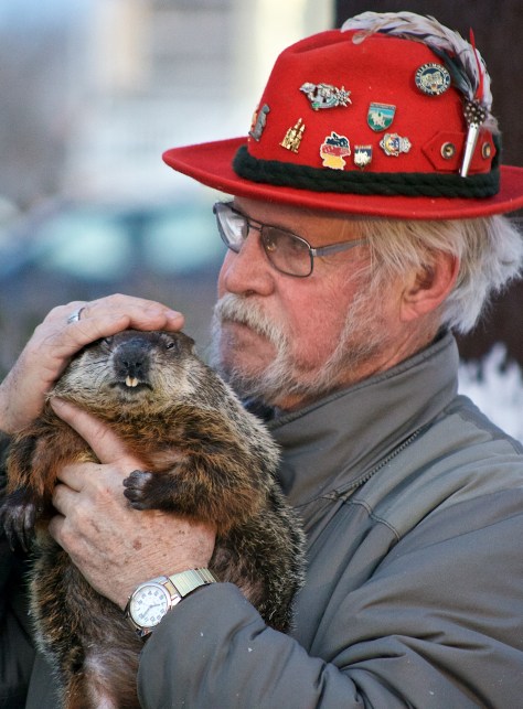 Jerry Hahn pets Jimmy the Groundhog, who has been in his care since 2003.