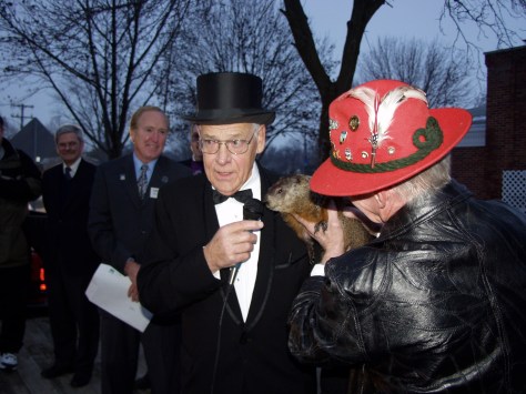 Mayor David D. Hanneman with Jimmy the Groundhog at the February 2005 event. (Sun Prairie Star Photo)