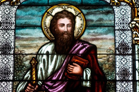 Stained-glass depiction of St. Paul, from Sacred Hearts of Jesus and Mary Catholic Church.