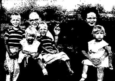 The Richard E. Rickman family, shown in a 1960 newspaper photograph. Left to right are Richard, 7; Patricia, 3; Richard Sr., 35; Robert, 5; Helen, 34; and Catherine, 4.